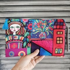 Renkli Desenli Kumaş Kadın Clutch Çanta